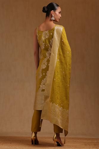 Soch Womens Light Green Brocade Floral Salwar Suit With Cutwork And Mirror