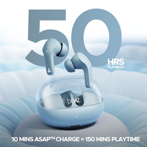 boAt Airdopes 311 Pro, 50HRS Battery, Fast Charge, Dual Mics ENx Tech, Transparent LID, Low Latency, IPX4, IWP Tech, v5.3 Bluetooth Earbuds, TWS in Ear Earbuds Wireless Earphones with mic (Dusk Blue)