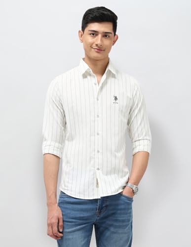 U.S. Polo Assn. Denim Co. Men's Striped Fitted Shirt (UDSHT1999_Ecru