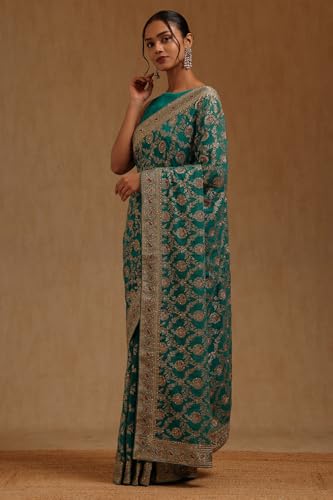Soch Womens Turquoise Blue Georgette Embroidered Saree With Stone Work