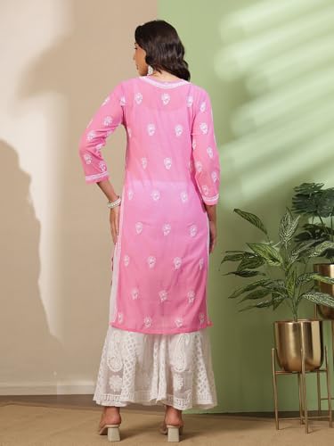 Ada Hand Embroidered Indian Chikankari Women's Faux Georgette Kurti Kurta A411221 (L_Pink), Pink, L