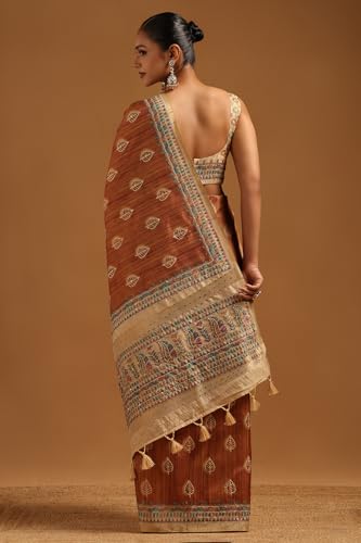 Soch Womens Gold Tussar Botanical Saree With Thread Work