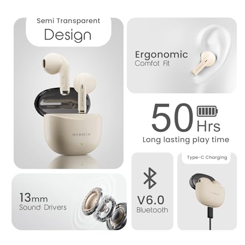 HAMMER Ultra Pods True Wireless Earbuds with in-Built Mic, 100H Standby Time, 1H Charging USB Type-C, 13mm Dynamic Drivers, 50H Playtime, BT v6.0 Connectivity, IPX5 Water Resistant (Beige)