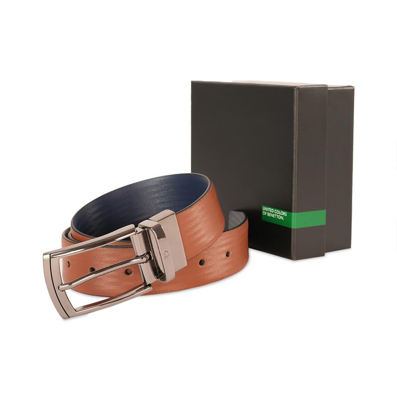 UNITED COLORS OF BENETTON Men Leather Reversible Belt - Tan+Navy, Xl 1.10M | Semi Formal Wearability | Pin Closure | 42-44 Waist Size | Solid Pattern