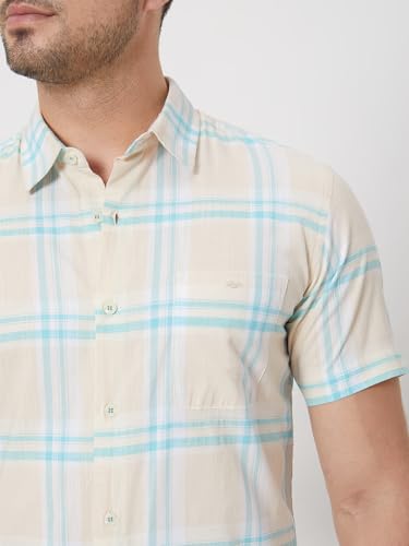 MUFTI Men Casual Shirt | Slim Fit Half Sleeve Point Collar Checked Pattern | 100% Cotton Breathable Fabric, Weekend Outings & Relaxed Style| Beige 6XL