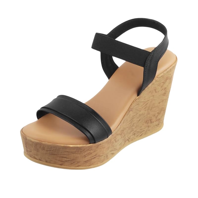 tresmode Pagiri Women’s Black Wedge Sandals | Vegan Leather | TPR Sole in Size 2 UK / 35 EU