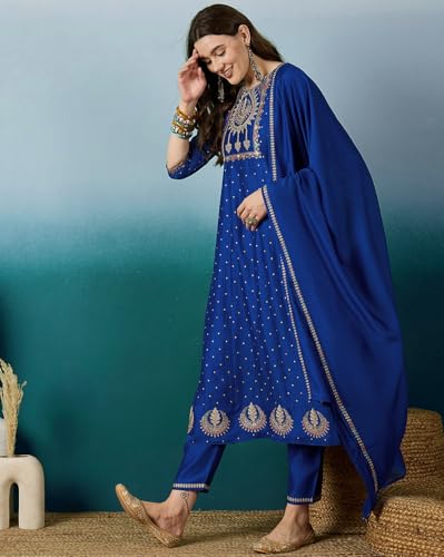 LYMI LABEL Zari Sequence Embroidered Blue Silk Blend Foil Printed Kurta Pant with Dupatta