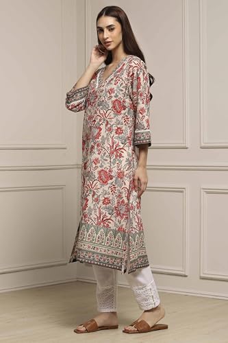 Biba Women Off White Cotton Straight Printed Kurta_42