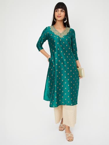 Max Women Embroidered Straight Kurta (Green_M)