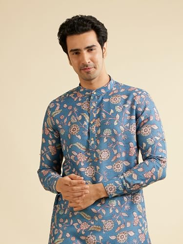 Manyavar Men's Viscose Blend Floral Print Kurta (Mid Blue,M)