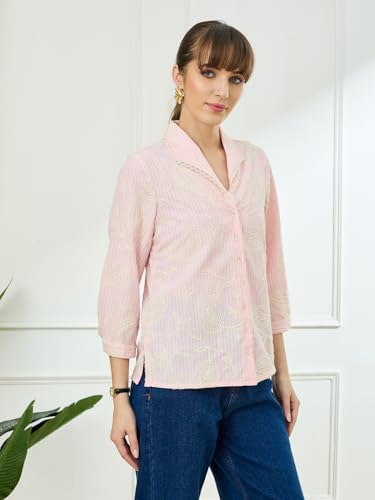 Latin Quarters Women's Pink 3/4th Sleeves Lapel Collar Casual Embroidery Shirt_M