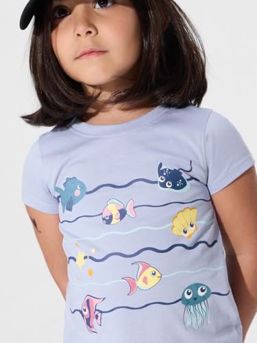 The Souled Store Aqua Life Girls Short Sleeves Round Neck Blue Printed Regular Fit Cotton T-Shirts (2-8 Yrs)
