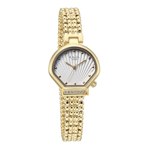 Titan Raga Spotlight with Quartz Analog White Dial Gold Brass Strap Watch for Women - 95432YM01