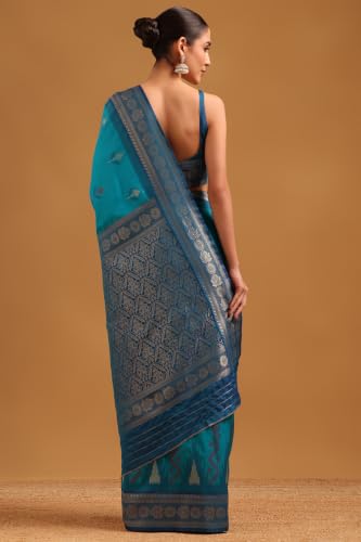 Soch Womens Turquoise Blue Silk Blend Zari Woven Saree