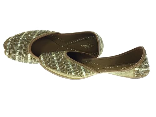 Fulkari Women's Celosia Skin Gold Soft Leather Embroidered Jutis | Bite and Pinch Free Jutti | Punjabi Formal Juttis | Girl's Wedding Flat Ladies Mojari | Formal Ethnic Juti | 36