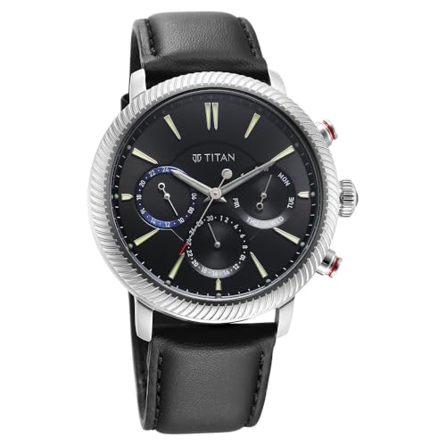 Titan Stellar Quartz Multifunction Black Dial Black Leather Strap Watch for Men - NT10012SL01