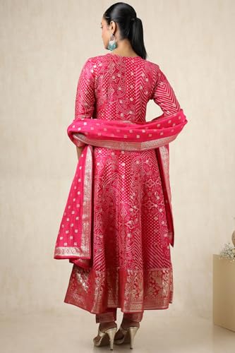 Soch Womens Fuchsia Brocade Bandhani Chudidar Set With Thread Work