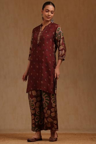 Soch Womens Wine Muslin Kalamkari Print Co-Ord Set With Beads