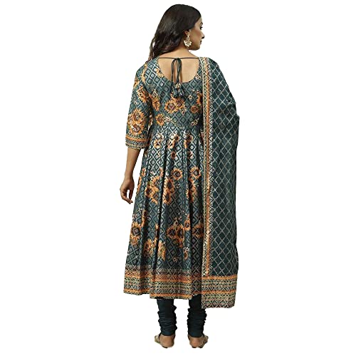 BIBA Cotton Women's Printed Fitted Salwar Kurta Dupatta(Skdfestive 8248_Navy Blue_38)