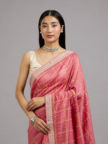 MOHEY Women's Art Silk Bandhani Print & Floral Embroidery Bordered Saree with Blouse Piece(Pink)