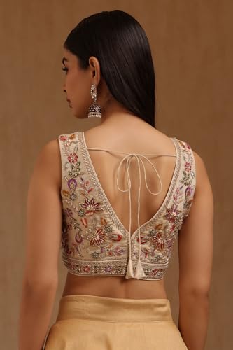 Soch Womens Light Gold Tissue Embroidered Padded Blouse with Cutdana
