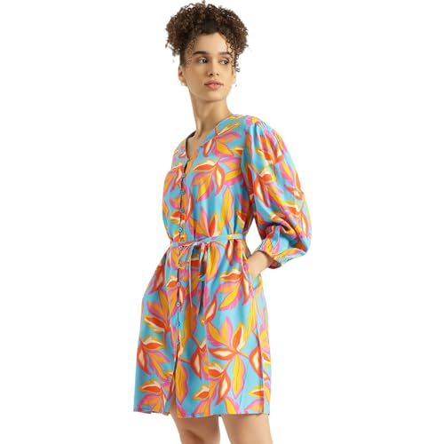 United Colors of Benetton Regular Fit V-Neck Floral Print Dress (Size: M) - 26P4WVNDR349I902 Blue