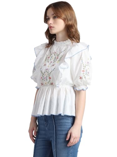 ONLY Women Embroidered Cotton White Peplum Top