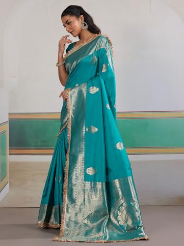 AKHILAM Women's Light Blue Satin Silk Ethnic Printed Saree With Unstitched Blouse Piece(KRNIVLWED002_RJ)