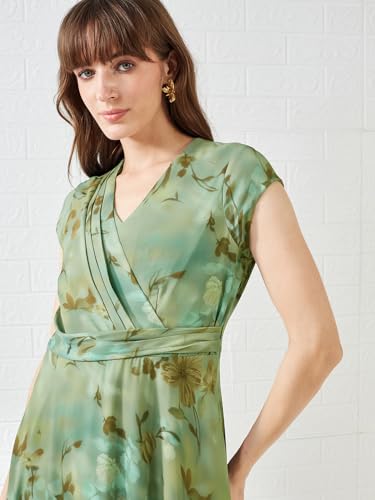 Latin Quarters Women's Green Cap Sleeves V-Neck Printed Casual Midi Dress_M
