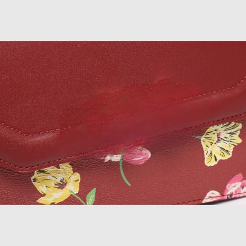 MAROON Women's Floral Satchel Handbag with Bamboo Style Handle & Gold Chain Strap