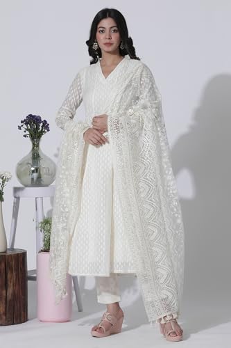 W for Woman Off-White Cotton Blend Anarkali Embroidered Kurta, Straight Pants and Dupatta Set (Size: XS)-24FESP10670-313617