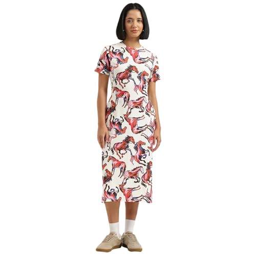 United Colors of Benetton Round Neck Animal Print Knit Dress - (Size:2XL) - 26P3E98W3G74I901 White
