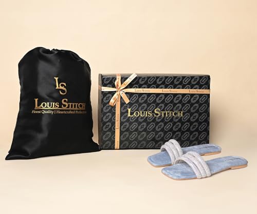 LOUIS STITCH Women’s Fashion Flat Slip-On Sandals | Open Toe Blue Shiny Strap Flat Slipper for Ladies | UK-6