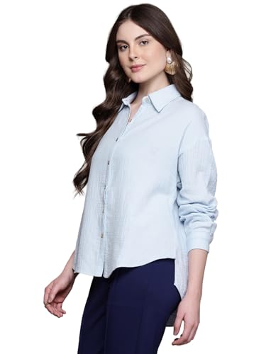 Label RITU KUMAR Collar Neck Full Sleeves Solid Shirt Powder Blue