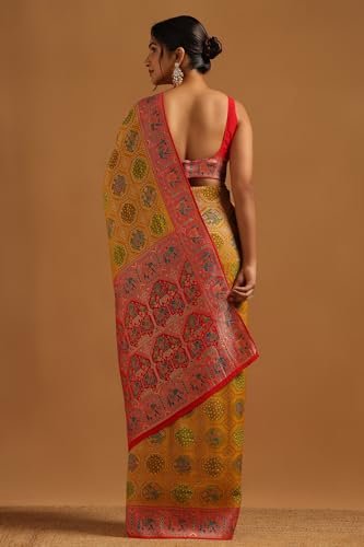 Soch Womens Mustard Georgette Bird Motifs Saree With Zari Woven