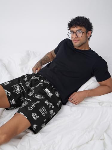The Souled Store Friends: Doodle Men and Boys Pull On Black All Over Printed Regular Fit Cotton Boxer Shorts