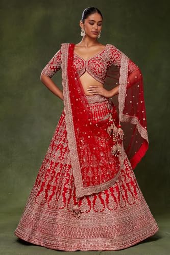 Women's Red Silk Bridal Lehenga with Zari Work