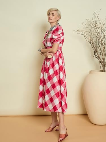 Pink Paprika by Sassafras Women's Pink Big Check A-Line Midi Dress-M