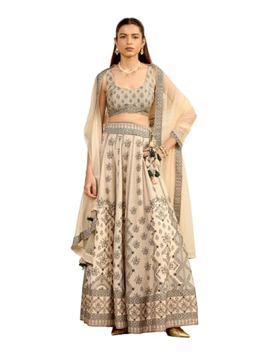 Aarke Ritu Kumar Ecru Round Neck Blouse With Lehenga And Dupatta
