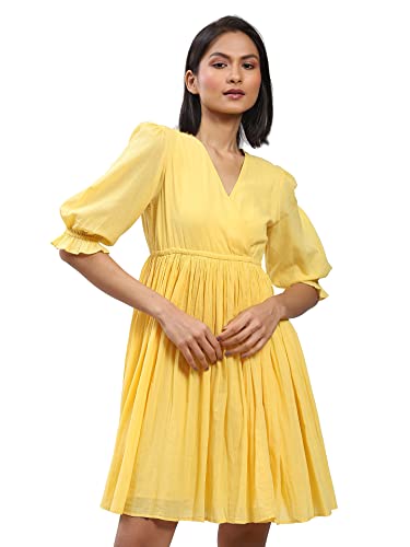 Label RITU KUMAR V Neck 3/4 Sleeves Solid Short Dress Yellow