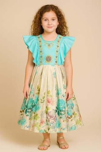 My Lil Princess Girls Calf-Length Floral Party Blue Dress with Embroidered Bodice – Cotton Lining – Birthday & Celebration Wear (3–9 Years)