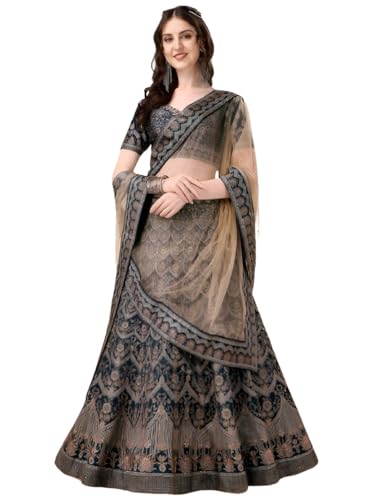 SAPTRANGI Women's Embroidered Ready to Wear Lehenga & Blouse with Dupatta (Navy Blue & Beige, XL)