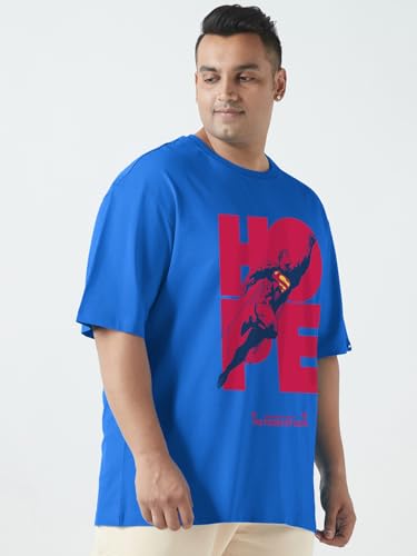 Bewakoof Official DC Merchandise Superman Men's Graphic Print Oversized Fit Half Sleeve Round Neck Cotton Plus Size T-Shirt_694219_Blue_5XL