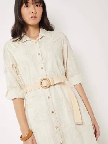 Max Women Embroidered Shirt Dress with Belt (Beige_L)