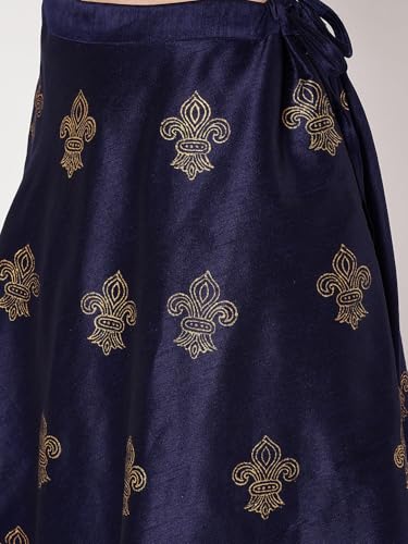 studio rasa Women's Dupion Block Printed Ruffle Bias Skirt for Wedding Festive Party(SKTC62507XL_Navyblue_X-Large)
