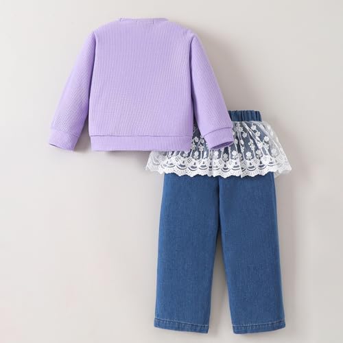 Hopscotch Girls Lavender Full Sleeves 2-Pc Lace Bow Applique Jeans Set For Age (3-4 Years)