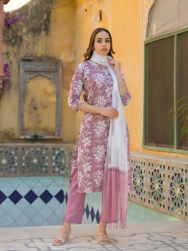 Divena Peach Floral Print Cotton Straight Kurta Pant with Dupatta