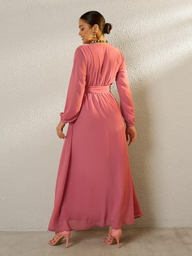 Sassafras Women Pink V-Neck Full Sleeve Maxi Dress-XXL