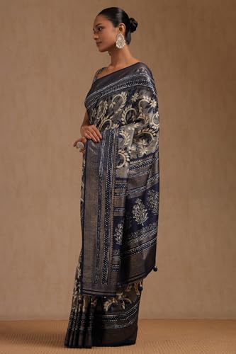 Soch Womens Navy Blue Dola Silk Floral Print Saree