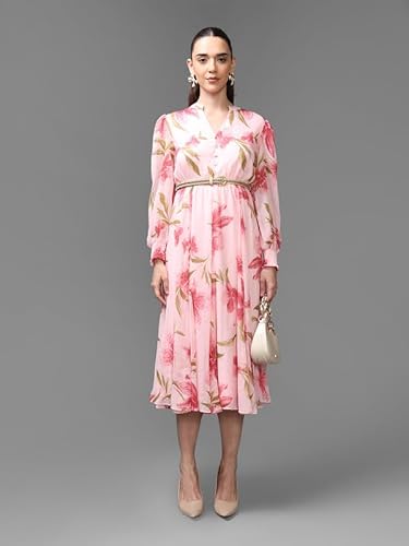 Kazo Ventura Midi Dress with Belt (Pink_M)